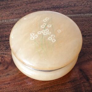 Vintage genuine alabaster Floral Round Trinket Box made in Italy